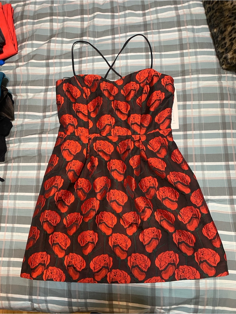Romeo and Juliet Couture Red Floral Strapless Mini Dress with Crossback Straps